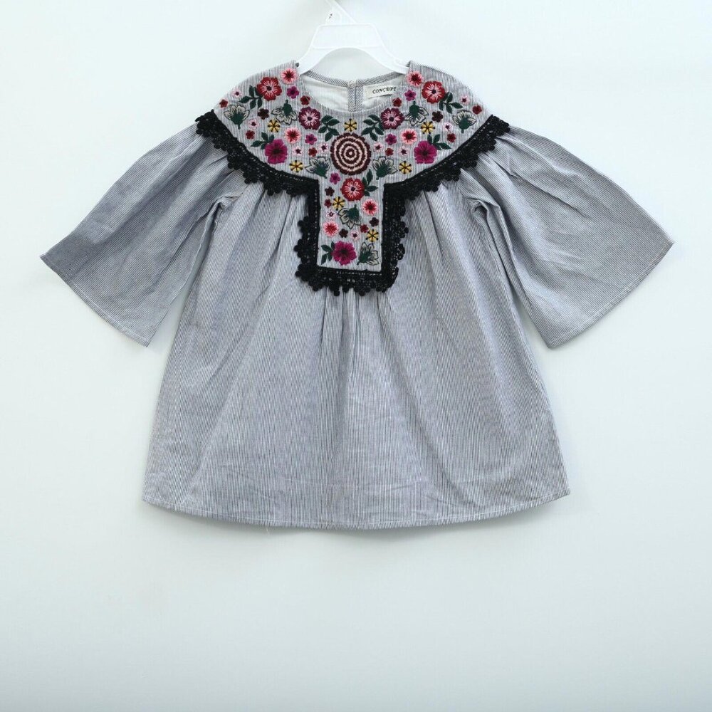 White Chocolate Kids Girls Floral Embroidered Mini Dress Stripe 6-7 Years